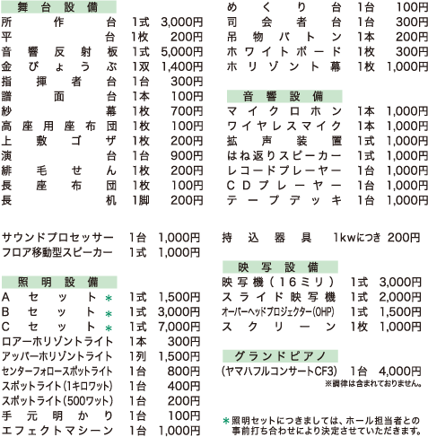 ホール付帯設備及び使用料金